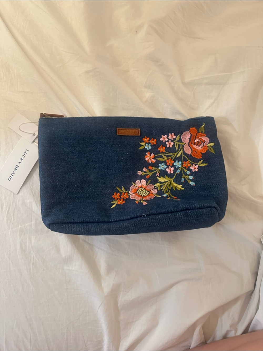 Lucky Brand Denim Blue Floral Embroidered Cosmetic Bag